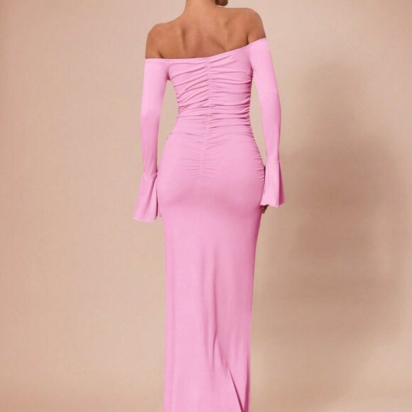 Baby Pink Elegant Women's Long Sleeve Off Shoulder 3d Flower Ruched Maxi dress - Picture 3 of 8